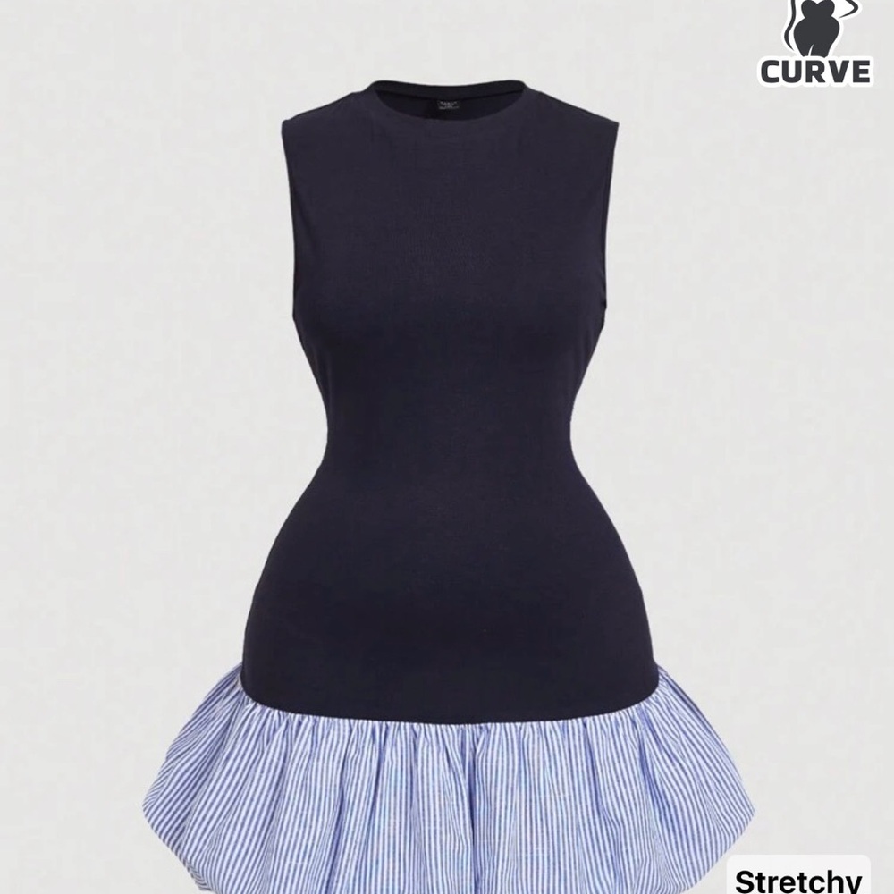 Navy and Blue Fit and Flare Mini Dress with Pleated Ruffles